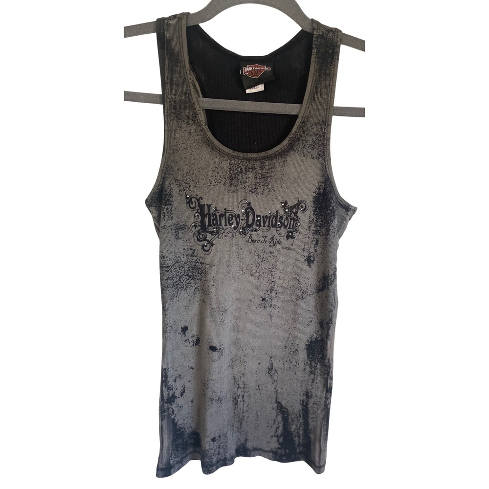 VTG Y2K Harley Davidson Born To Ride Rhinestone Ribbed Tank Top Gray Black Small